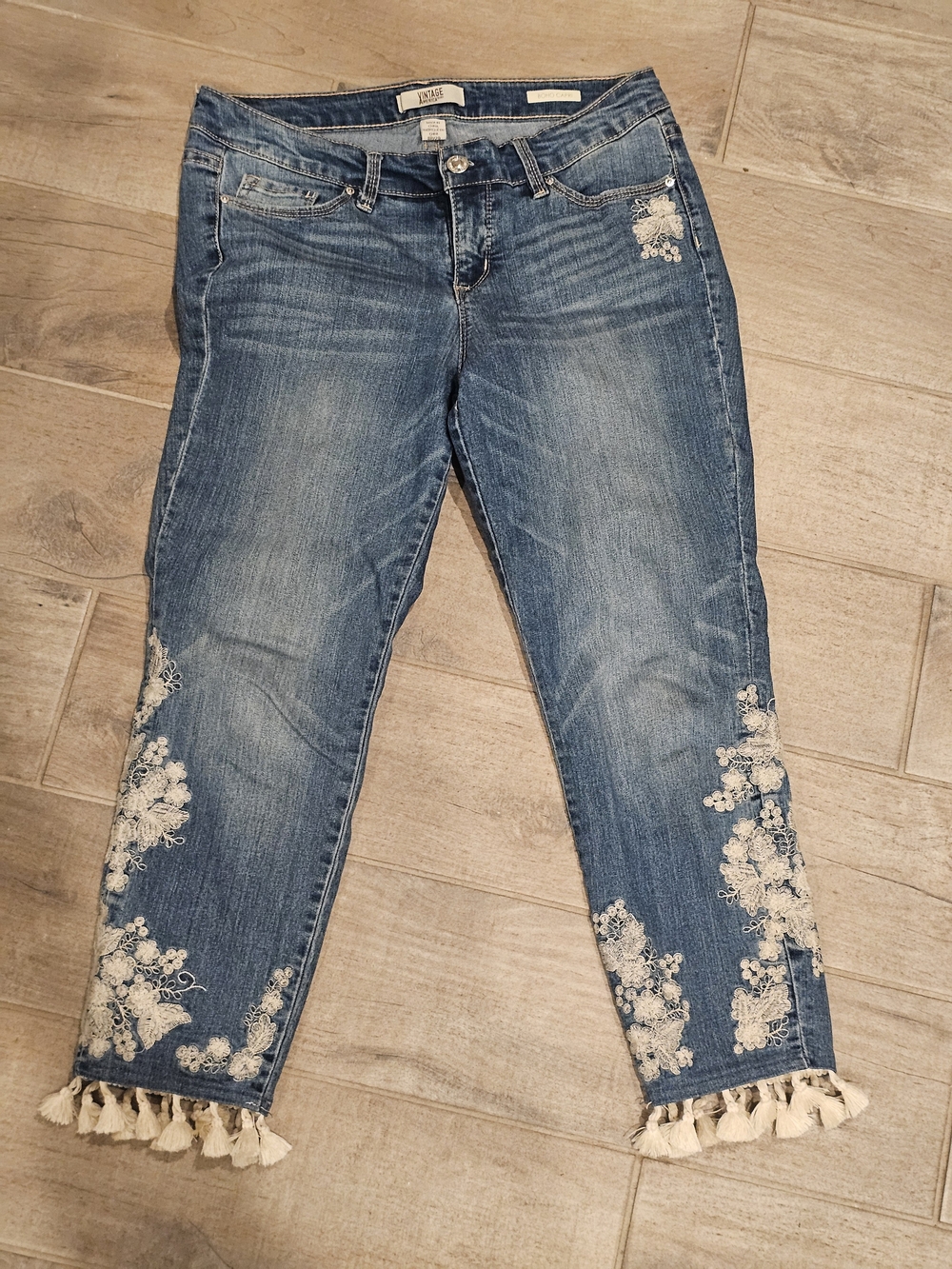 Vintage America Blue Jeans with White Floral Lace & Tassel Hem